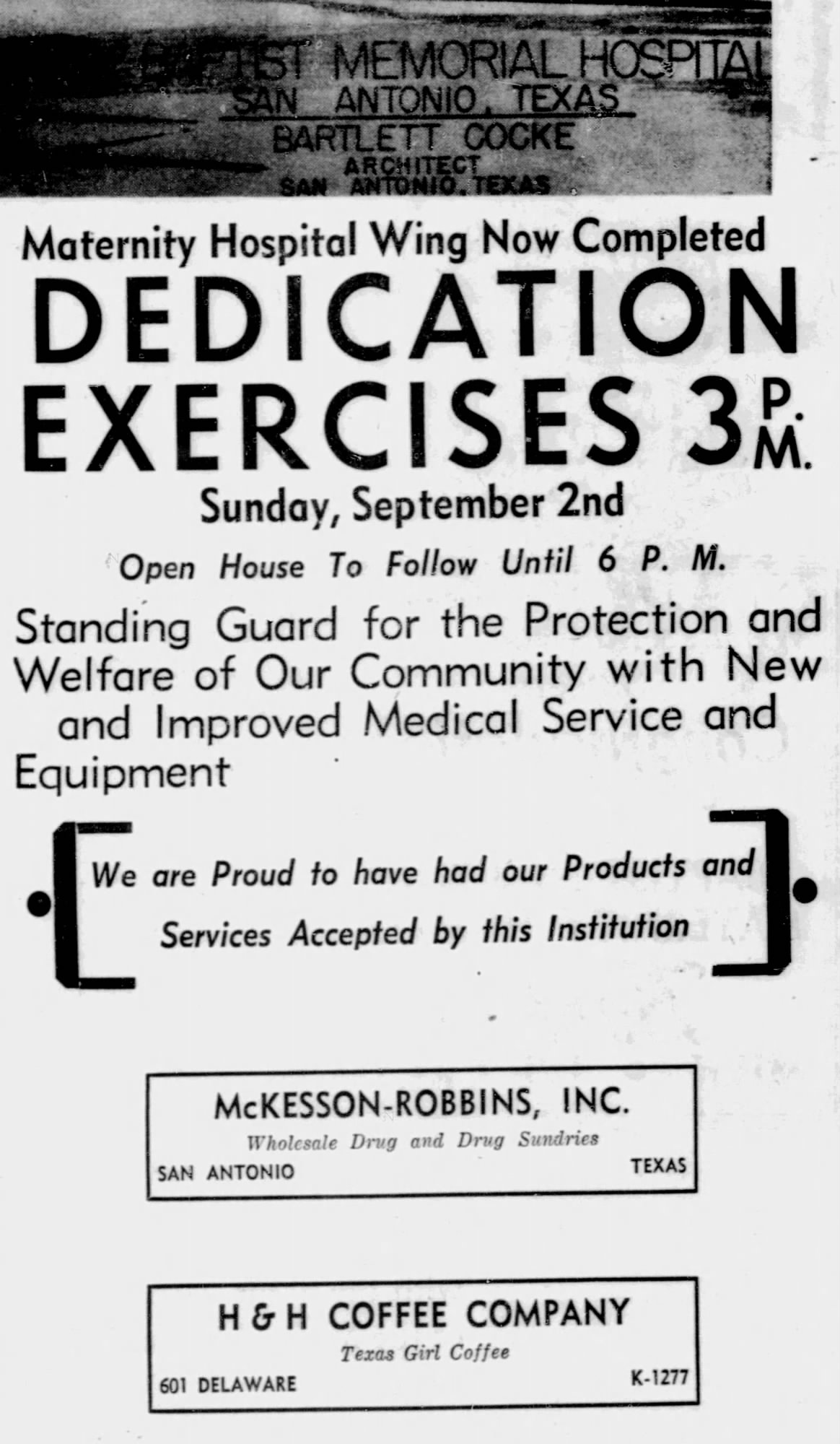 Newspaper display: Baptist Memorial Hospital maternity wing dedication announcement with McKesson-Robbins and H & H Coffee Company (Texas Girl) footer boxes — San Antonio Express-News, 1 Sep 1951, p. 8