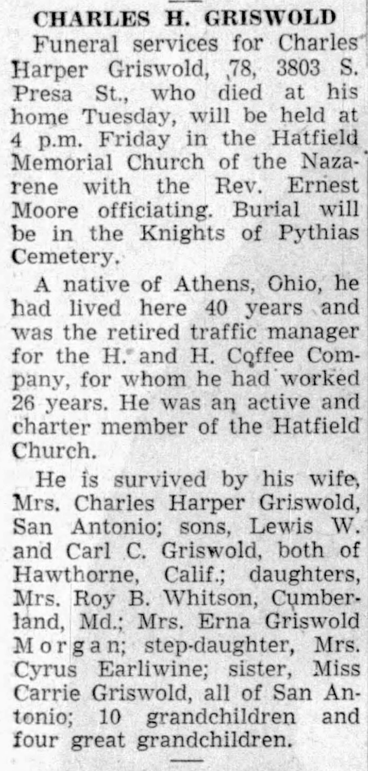 Charles H. Griswold obituary — retired traffic manager H and H Coffee Co., San Antonio Express-News, 15 January 1953