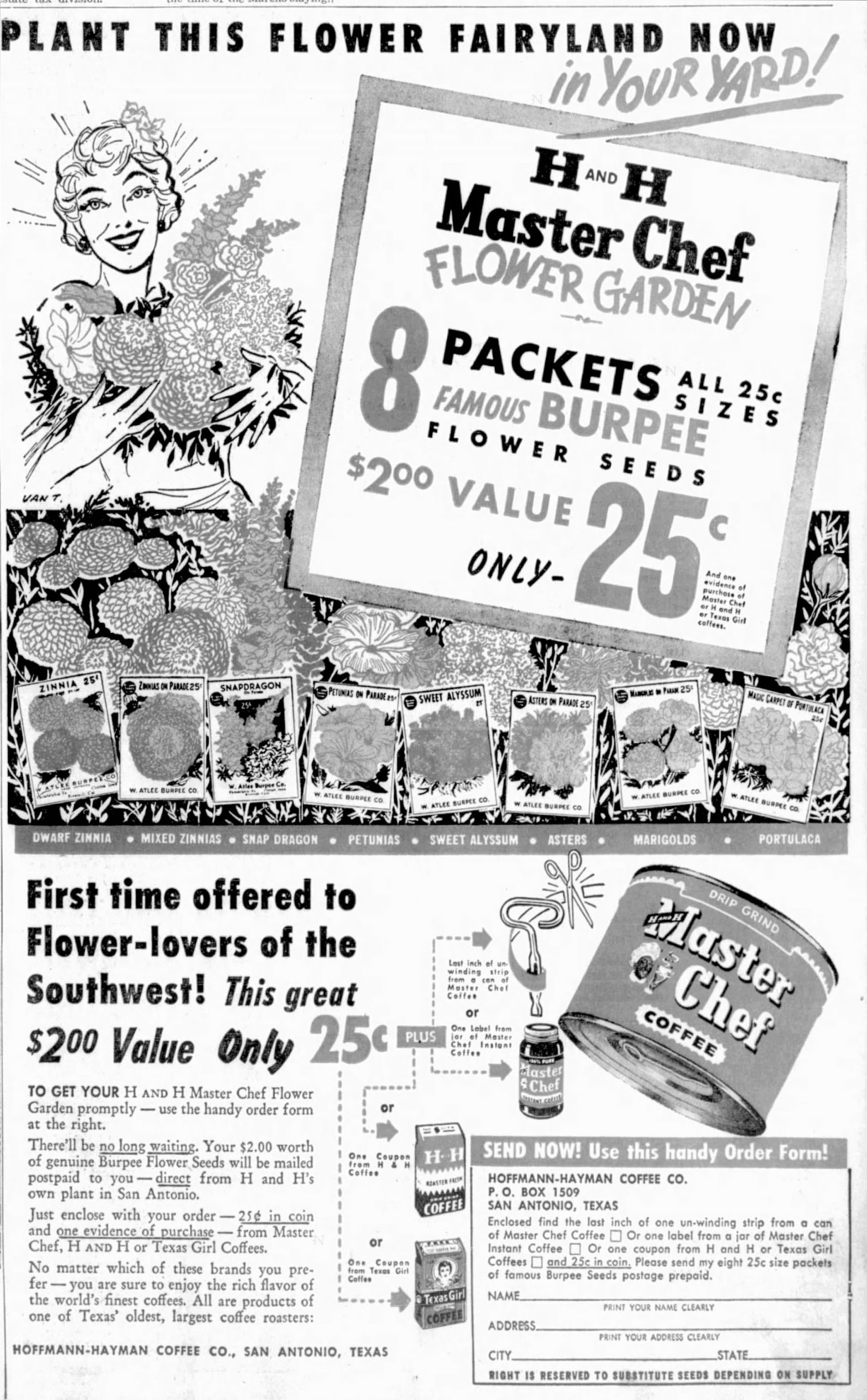H and H Master Chef Flower Garden — 8 Packets Burpee Flower Seeds $2.00 Value for 25¢, San Antonio Light, 25 February 1958 H and H Master Chef Flower Garden — 8 Packets Burpee Flower Seeds $2.00 Value for 25¢, San Antonio Light, 25 February 1958