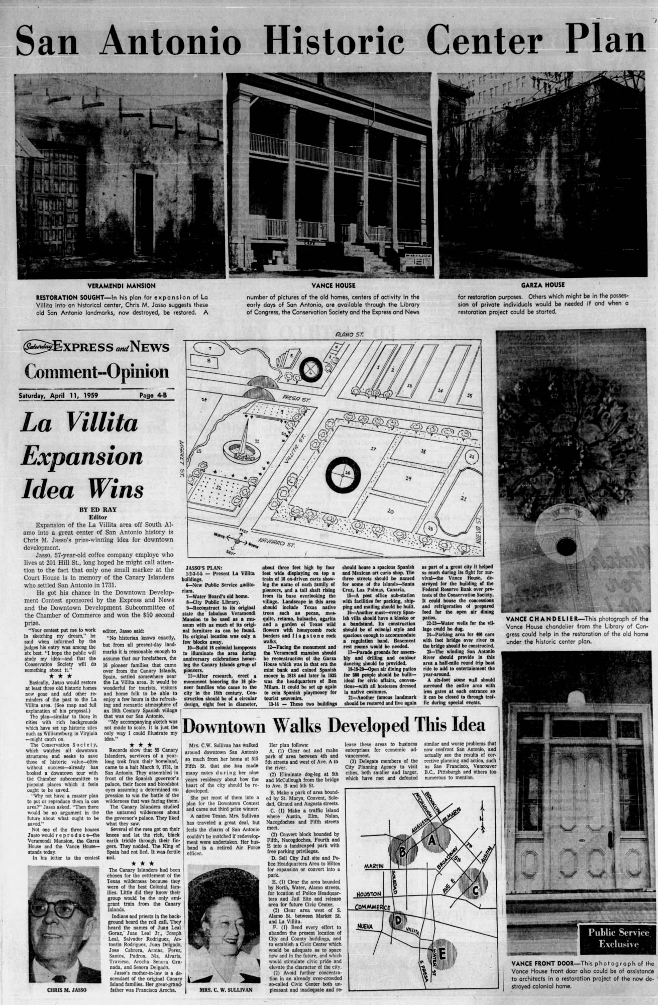 San Antonio Express-News, 11 April 1959 — Chris M. Jasso wins La Villita historic center contest 1959 Express-News — Chris M. Jasso prize-winning La Villita expansion plan