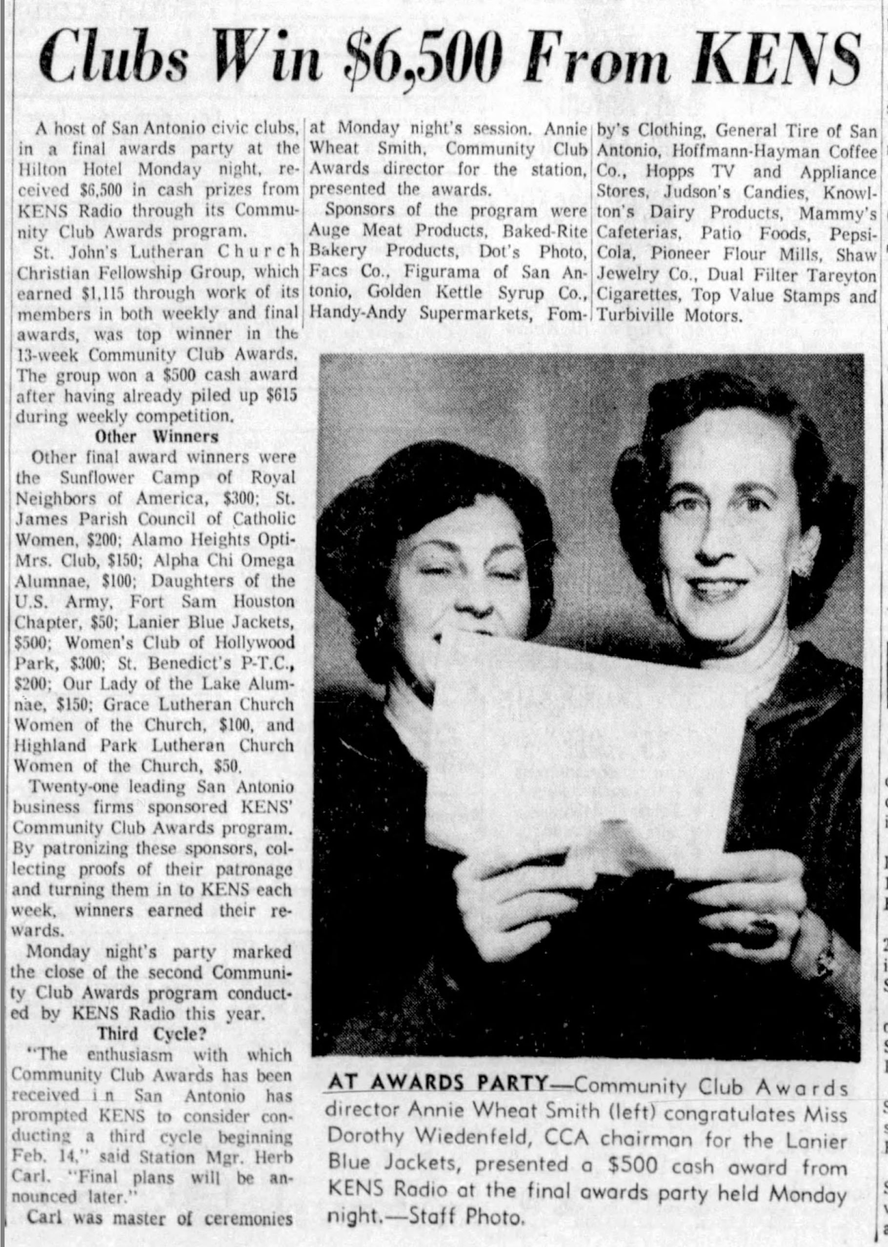 Clubs Win $6,500 From KENS — Hoffmann-Hayman Coffee Co. among 21 sponsors, San Antonio Express-News, 22 December 1959 Clubs Win $6,500 From KENS — Hoffmann-Hayman Coffee Co. among 21 sponsors, San Antonio Express-News, 22 December 1959