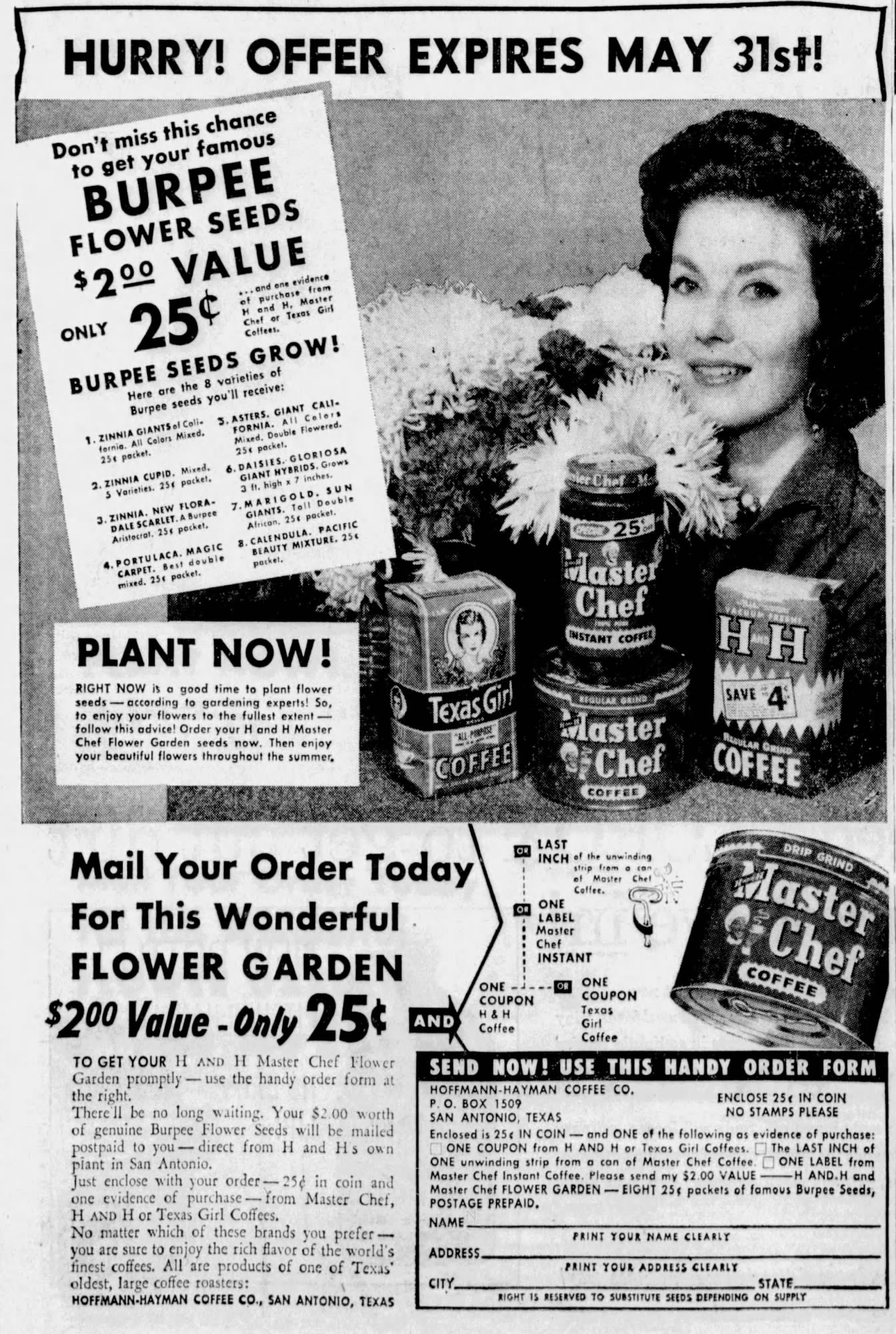 San Antonio Light, 5 May 1960 — Hoffmann-Hayman Burpee Flower Seeds offer San Antonio Light, 5 May 1960, page 29 — Hoffmann-Hayman full-page Burpee Flower Seeds offer with H and H, Master Chef (regular and instant), and Texas Girl Coffee evidence-of-purchase requirements