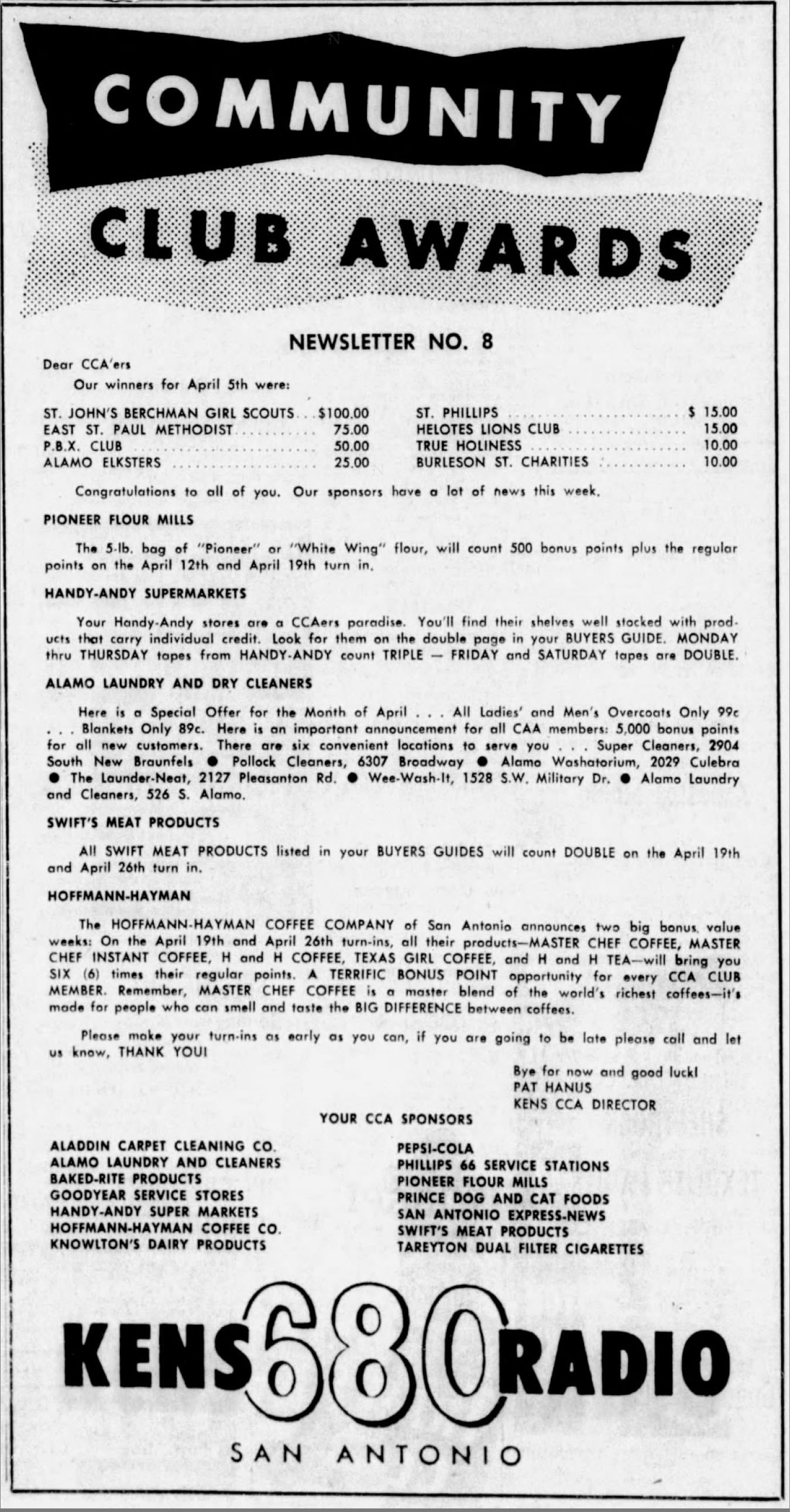 KENS 680 Radio Community Club Awards Newsletter No. 8 — Hoffmann-Hayman bonus weeks, San Antonio Express-News, 12 April 1961 KENS 680 Radio Community Club Awards Newsletter No. 8 — Hoffmann-Hayman bonus weeks, San Antonio Express-News, 12 April 1961