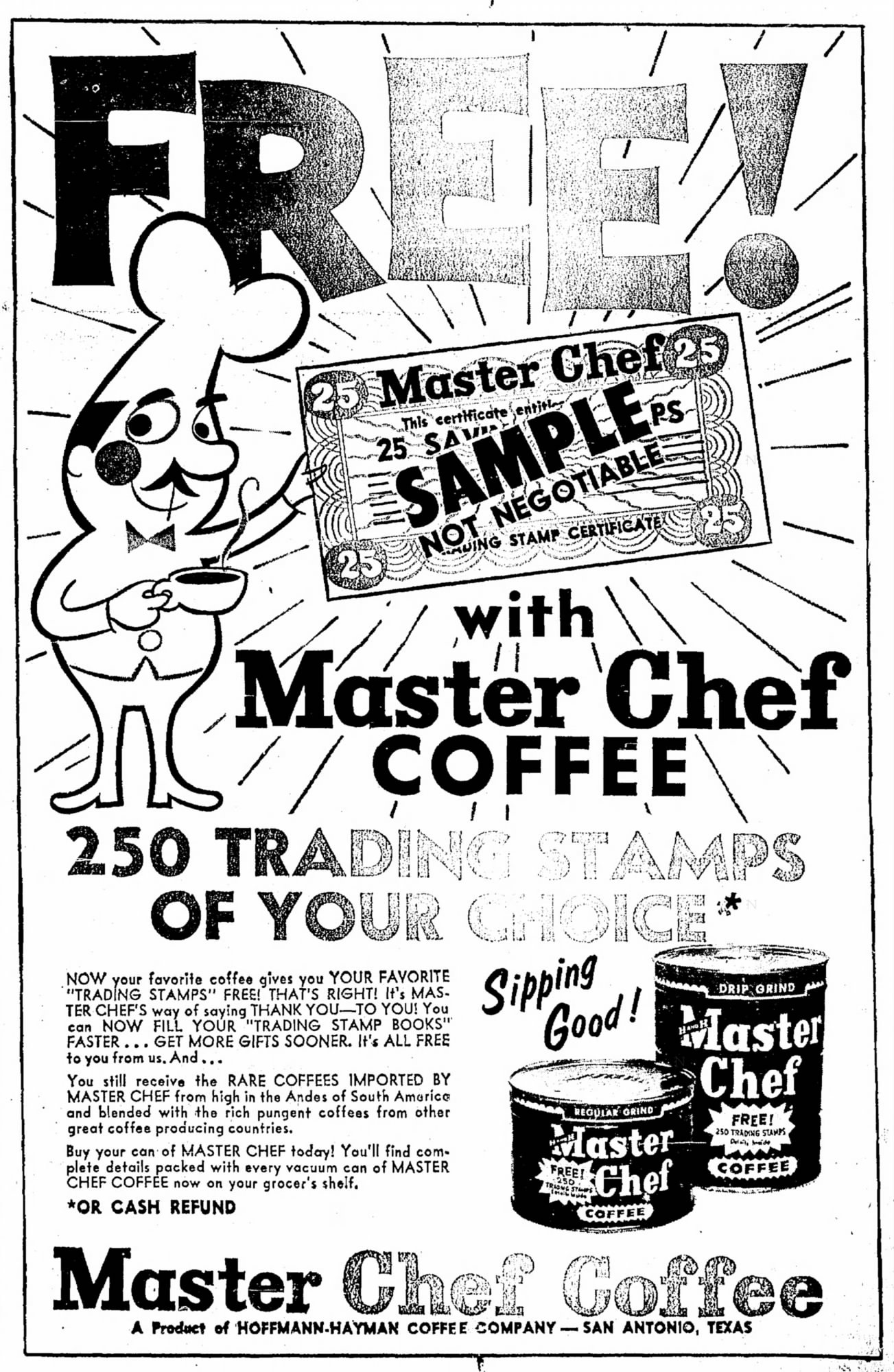 El Nuevo Heraldo — Master Chef 250-trading-stamps ad El Nuevo Heraldo, Brownsville, 31 August 1961, page 8 — Master Chef Coffee display ad with chef mascot, 25¢ stamp-certificate graphic, and Master Chef regular-grind and drip-grind vacuum cans, headlined FREE! and promising 250 trading stamps of your choice