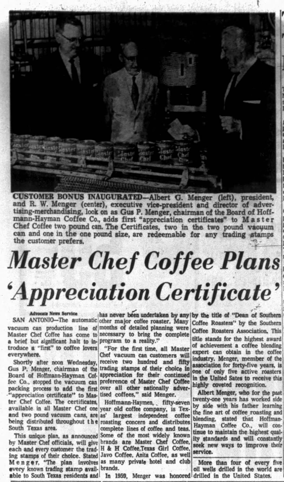 Victoria Advocate, 31 August 1961, p. 31 — Master Chef appreciation-certificate launch photo with Albert G. Menger, R. W. Menger, and Gus P. Menger at the Hoffmann-Hayman plant