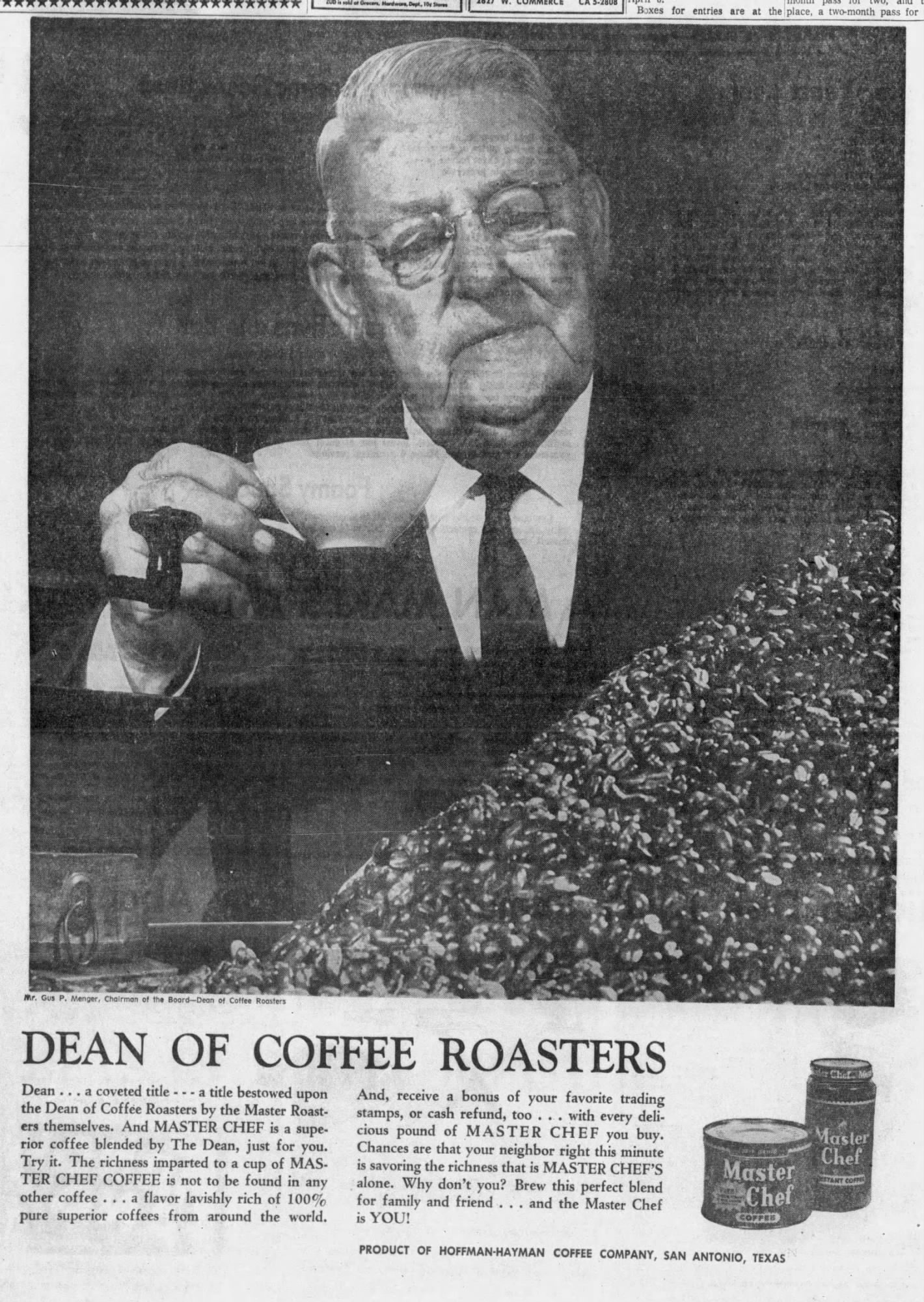 San Antonio Express-News — 29 March 1962, page 34 Large-format ad with portrait, coffee beans and grinder, Master Chef packaging, headline Dean of Coffee Roasters, Hoffmann-Hayman footer