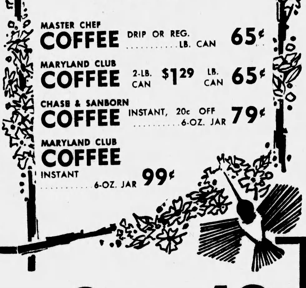 Grocer-ad price-listing column showing Master Chef Coffee at 65¢ alongside Maryland Club and Chase & Sanborn — San Antonio Express-News, 19 March 1963, p. 34