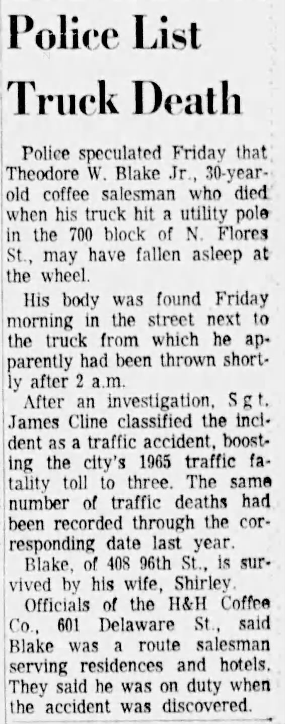 Police List Truck Death — embedded newspaper JPEG from PDF export Newspaper clipping: “Police List Truck Death” — fatality of Theodore W. Blake Jr., H&H Coffee Co. route salesman — San Antonio Express-News, 9 Jan 1965, p. 35