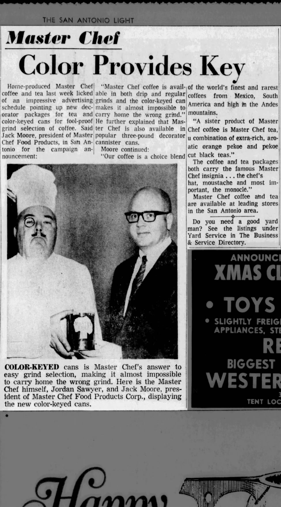San Antonio Light, 22 Dec 1966, p. 32 — Master Chef Color Provides Key San Antonio Light — "Master Chef Color Provides Key" with photograph of Jordan Sawyer (the in-character Master Chef in chef's hat) and Jack Moore (president of Master Chef Food Products Corp.) displaying the new color-keyed cans — 22 December 1966, p. 32