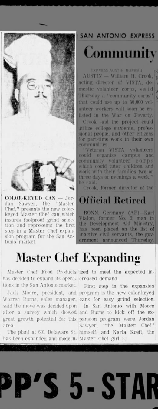San Antonio Express — Fri, 30 December 1966, page 17 San Antonio Express, 30 December 1966, page 17 — the "COLOR-KEYED CAN" photo of Jordan Sawyer ("the Master Chef") holding the new can, paired with the "Master Chef Expanding" article on the Continental-era 601 Delaware Street operation