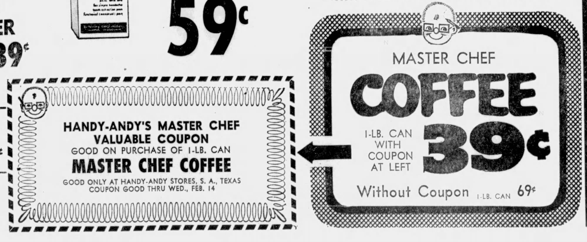San Antonio Light, 12 Feb 1968, p. 21 — Handy-Andy Master Chef coupon Handy-Andy Stores "Master Chef Valuable Coupon" — 1-Lb. Master Chef Coffee at 39¢ with coupon (vs. 69¢ without) — San Antonio Light, 12 February 1968, p. 21