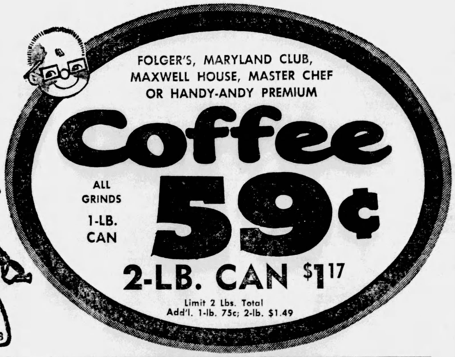 Handy-Andy "Coffee 59¢" black-outlined oval grocer ad bundling Master Chef with Folger's, Maryland Club, Maxwell House, and Handy-Andy Premium — bespectacled chef mascot peeking over the oval — San Antonio Express-News, 25 March 1968, p. 9