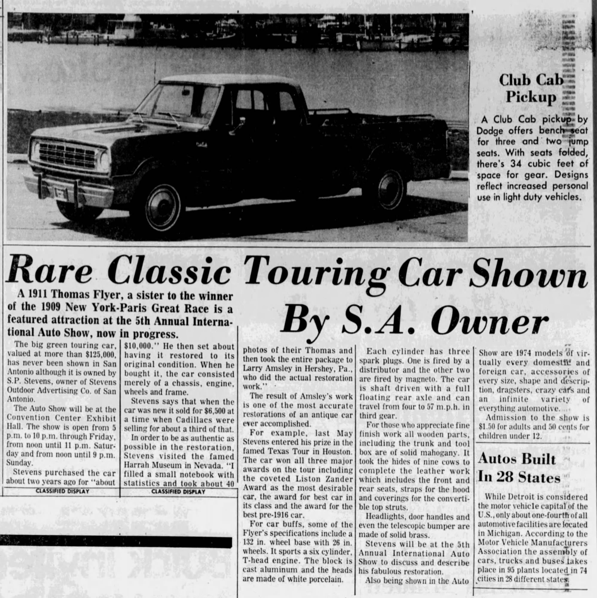 San Antonio Express-News, 7 March 1974 — S. P. Stevens, Stevens Outdoor Advertising, Thomas Flyer San Antonio Express-News, 7 March 1974, p. 72 — "Rare Classic Touring Car Shown By S.A. Owner" — feature article on S. P. Stevens of Stevens Outdoor Advertising Company of San Antonio and his restored 1911 Thomas Flyer touring car, at the 5th Annual International Auto Show, San Antonio Convention Center.