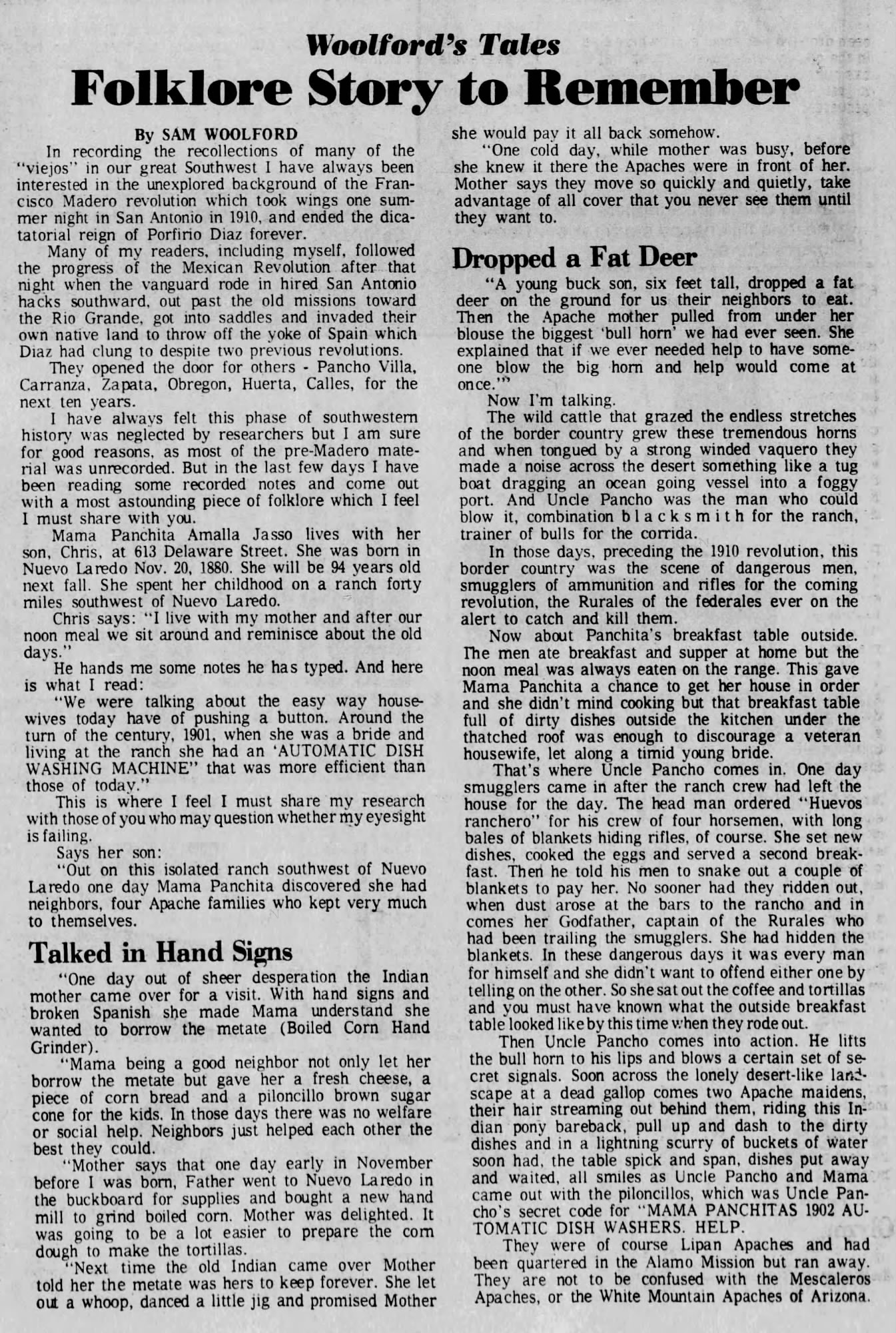 San Antonio Light, 2 June 1974 — Sam Woolford folklore column on Mama Panchita Jasso 1974 San Antonio Light Woolford's Tales — Panchita Jasso folklore on Delaware Street