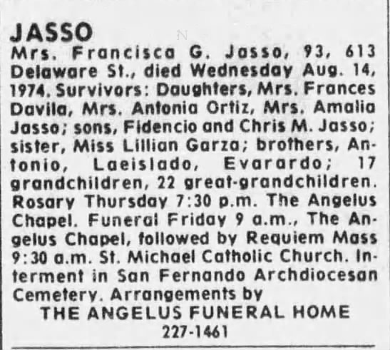 1974 Express-News obituary — Mrs. Francisca G. Jasso, 613 Delaware St.