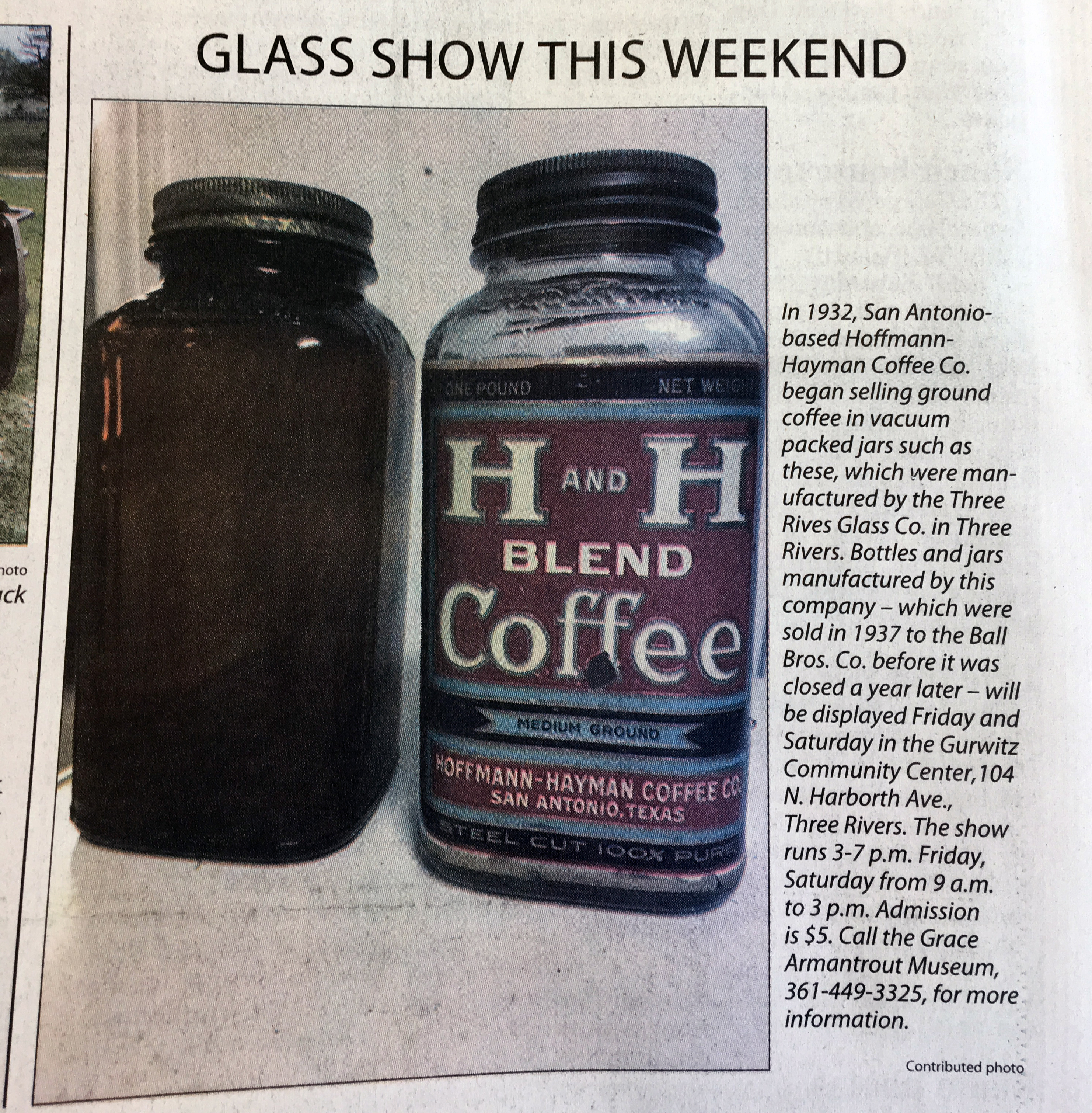 Newspaper clipping: contributed photo of amber and clear one-pound H and H Blend jars for the Three Rivers glass show The Progress — “GLASS SHOW THIS WEEKEND” front-page clipping (below the fold), April 2017