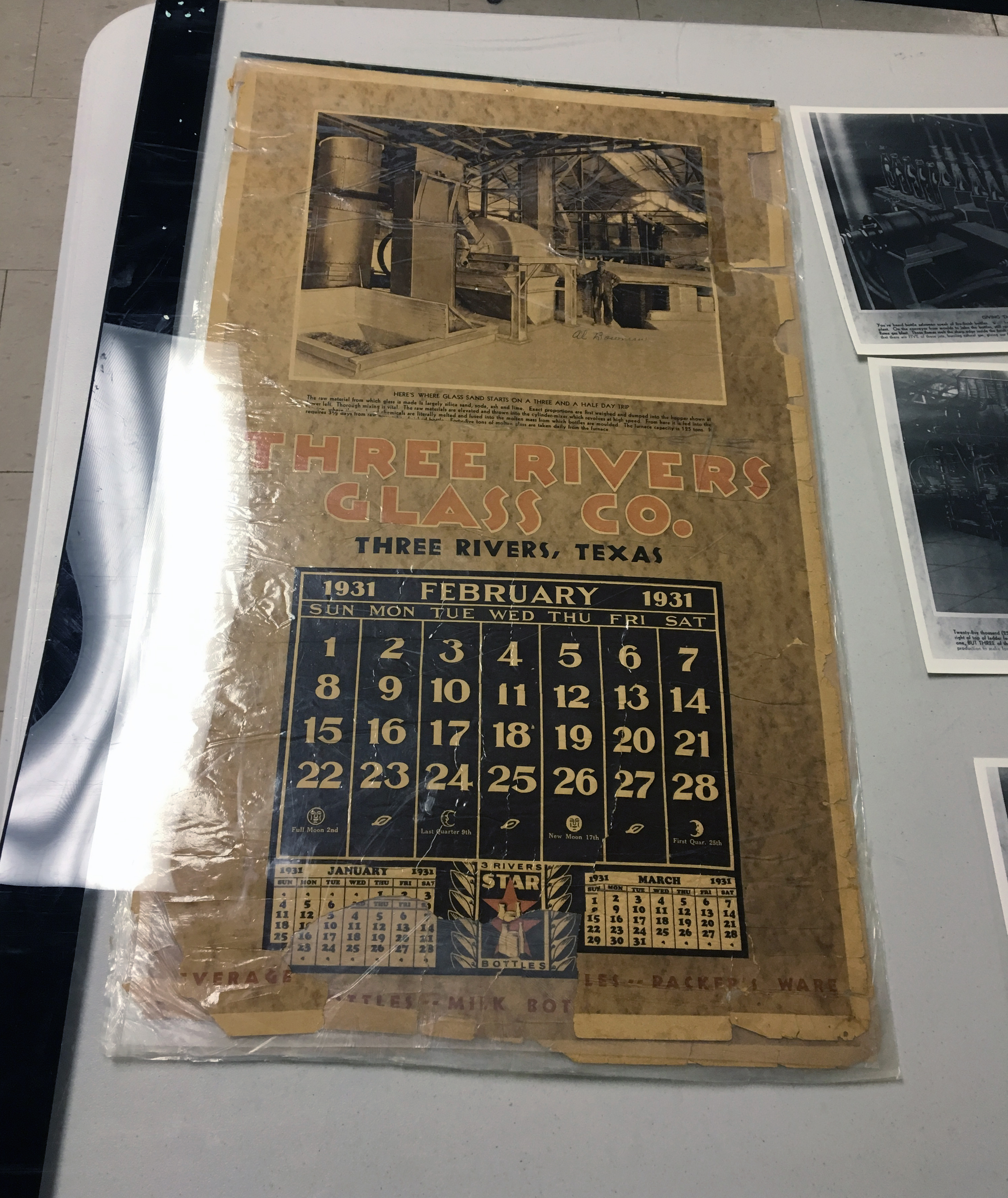 TRGCo large promotional wall calendar with February 1931 grid Large-format Three Rivers Glass Co. promotional wall calendar (1931 grids)