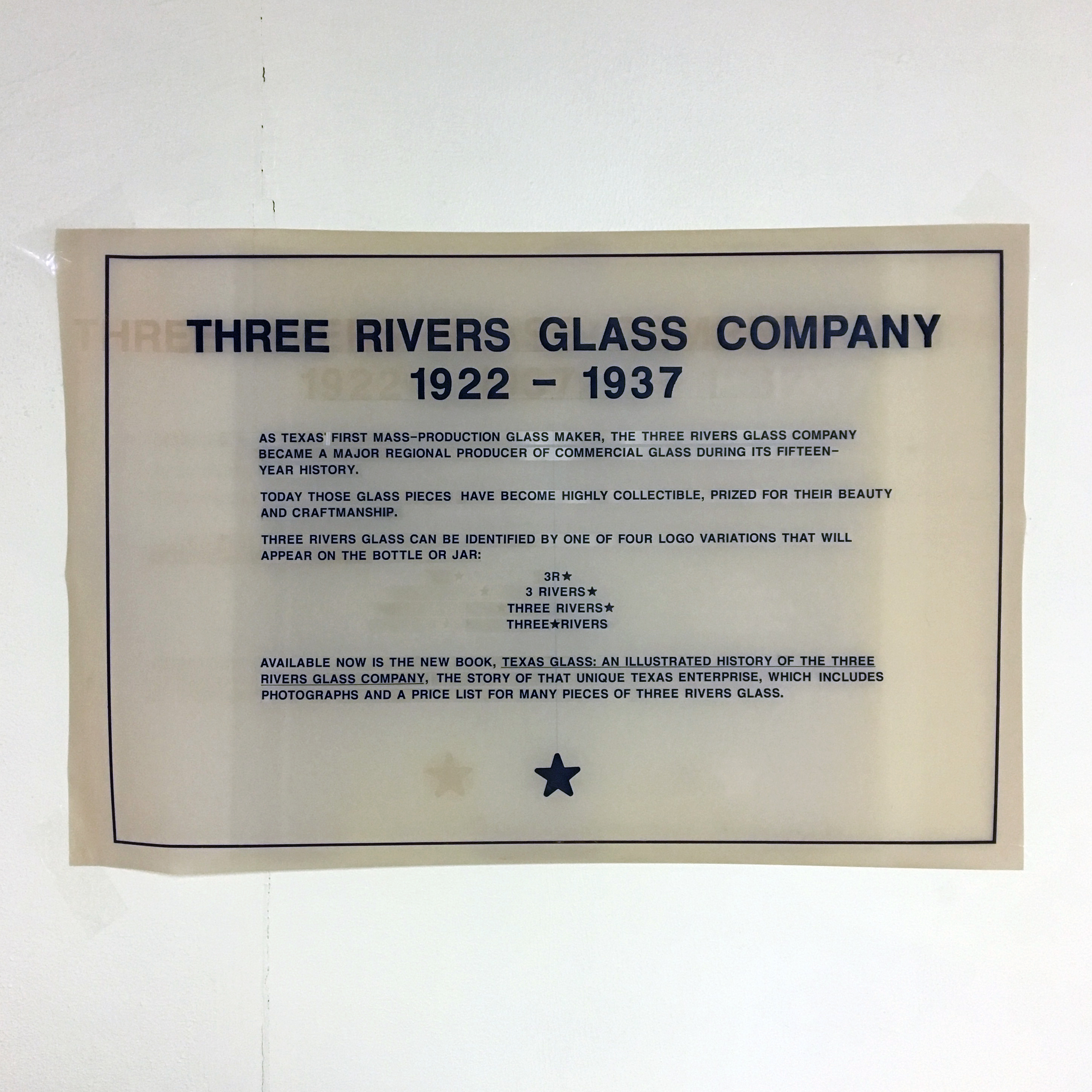 Show handout summarizing Three Rivers Glass Company history and base marks Printed summary: Three Rivers Glass Company (1922 – 1937)