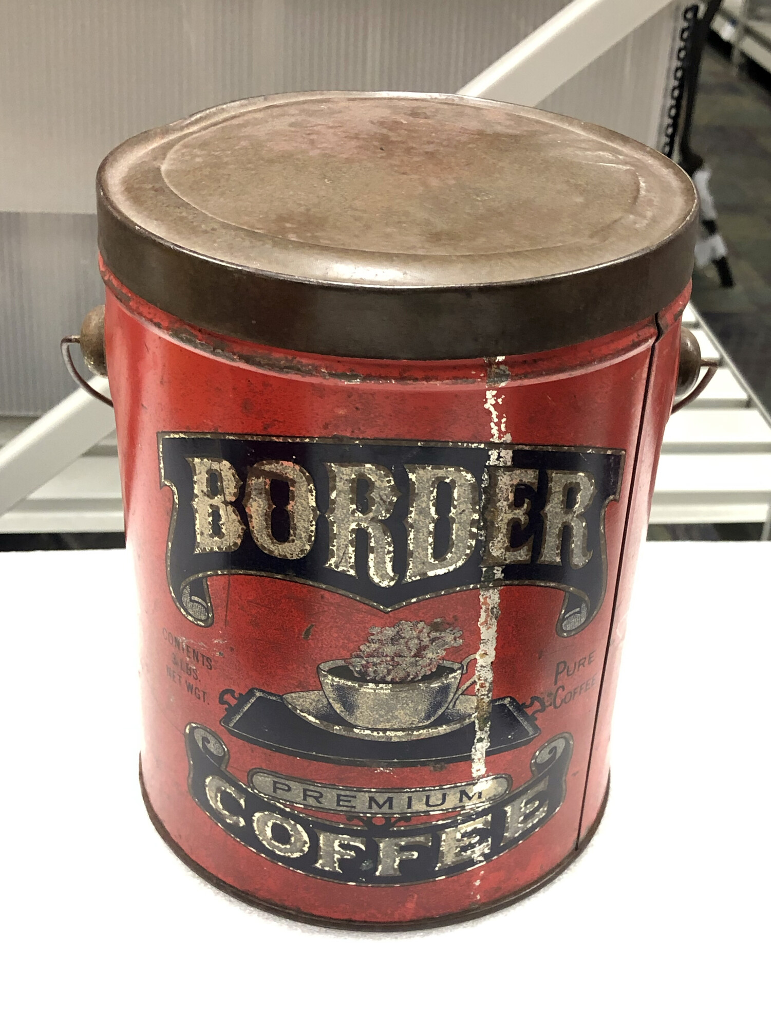 Border Premium Coffee three-pound pail — Witte Museum, 15 October 2019 Border Premium Coffee 3 lb pail, Witte, 15 October 2019