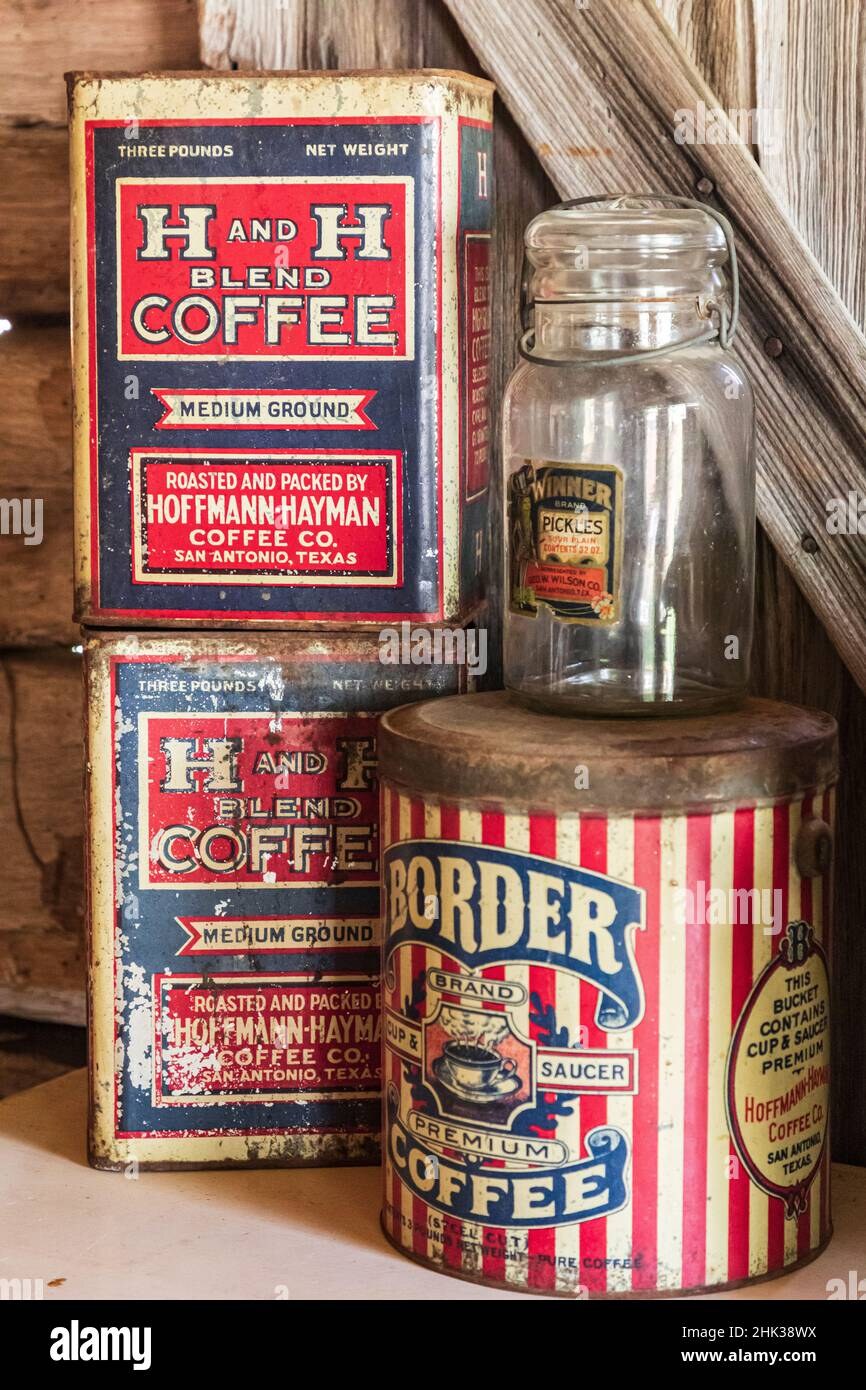 Alamy stock photograph — H and H Blend tins and Border Brand Premium cup-and-saucer pail Alamy shelf display — H and H Blend tins and Border Brand Premium pail