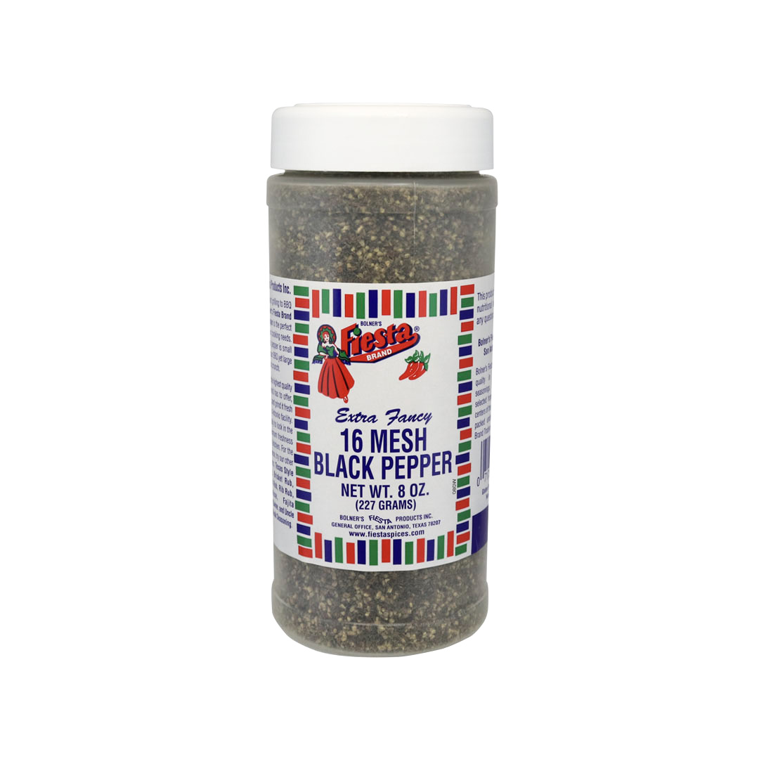 Bolner’s Fiesta Brand Extra Fancy 16 Mesh Black Pepper — clear plastic 8 oz shaker, white cap, label with Fiesta folklórico logo and confetti border; Bolner’s Fiesta Products Inc., San Antonio.