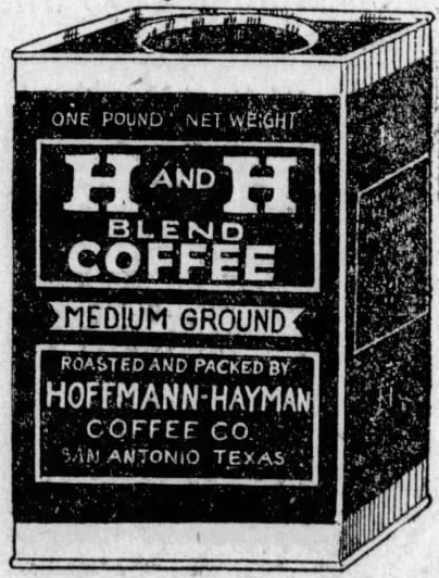 One-pound H and H Blend tin with cursive roast line; crop from 26 Aug 1923 San Antonio Light display