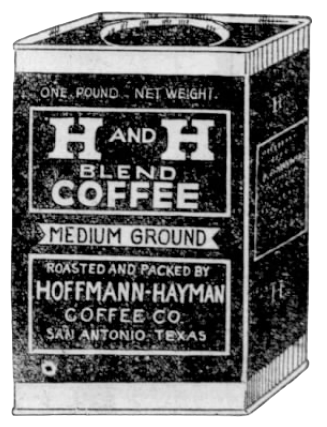 H and H Orange Pekoe Tea tin — Packed in tin ad, 26 Aug 1923 H and H Orange Pekoe Tea cylindrical tin; crop from New Orleans Can Co. co-op ad, 26 Aug 1923 San Antonio Light