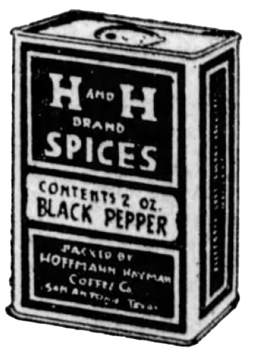 H and H black pepper — San Antonio Light, 26 Aug 1923 Black pepper tin from spices display, 26 Aug 1923 San Antonio Light