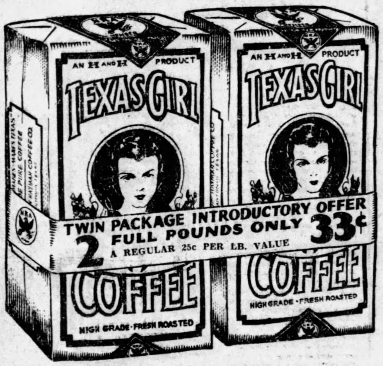 Texas Girl twin pack — Express-News, 26 Oct 1933 Texas Girl twin one-pound bags with TWIN PACKAGE introductory band; crop from 26 Oct 1933 San Antonio Express-News display