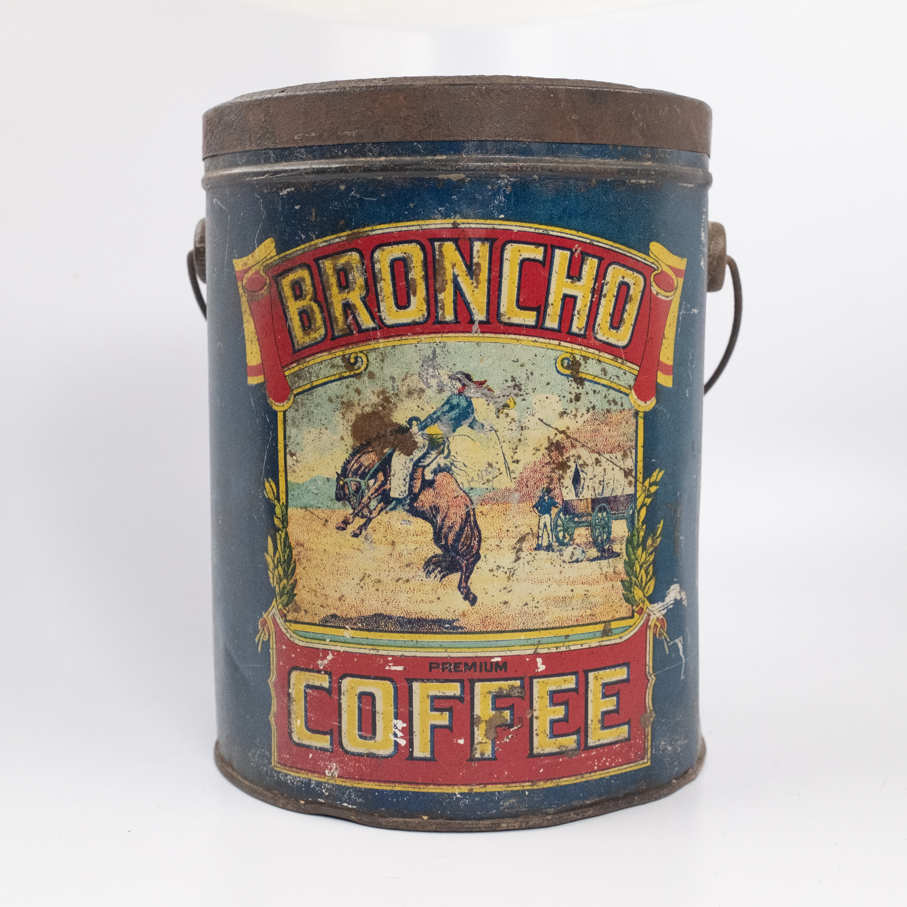 Broncho Coffee three-pound tin, back Broncho Coffee three-pound tin, back