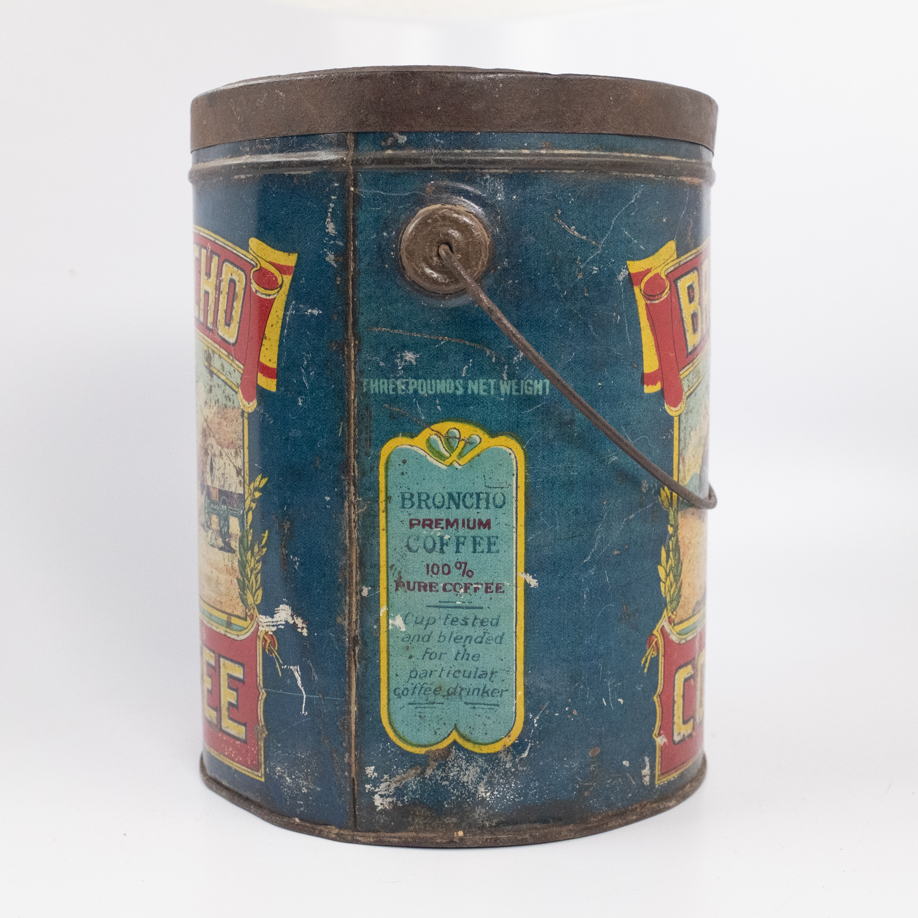 Broncho Coffee three-pound tin, left Broncho Coffee three-pound tin, left side