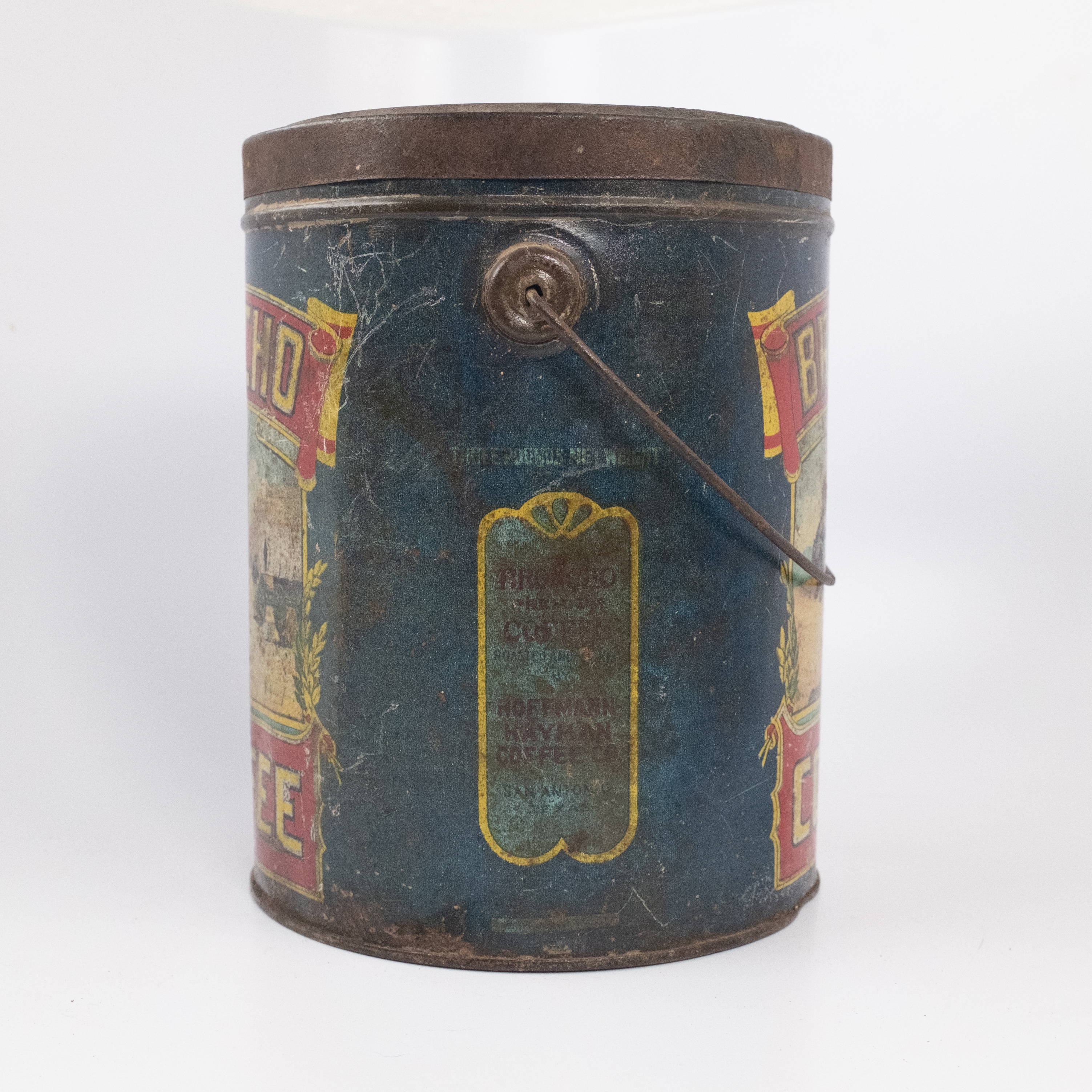 Broncho Coffee three-pound tin, right Broncho Coffee three-pound tin, right side