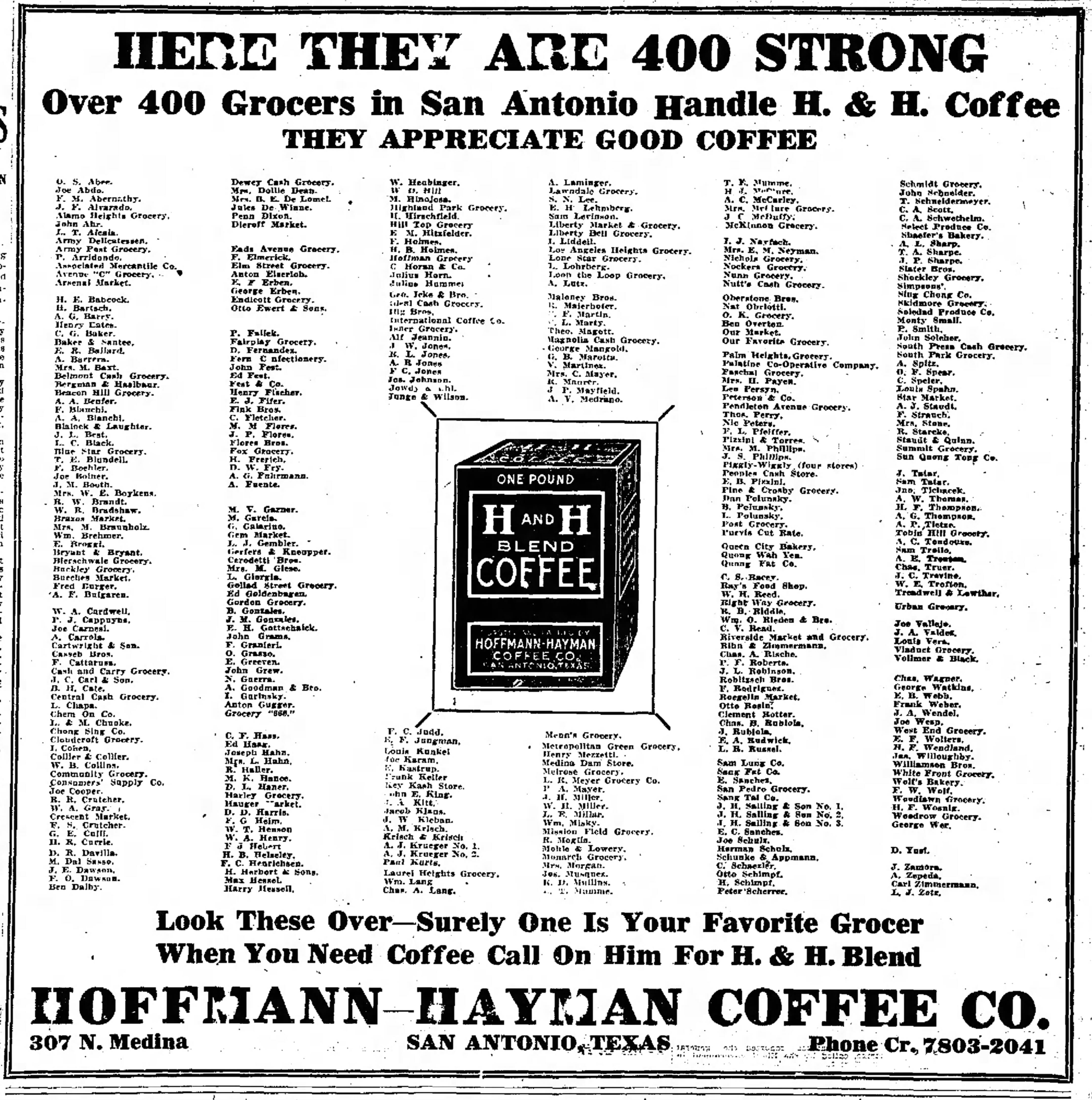 San Antonio Evening News — 15 Mar 1920, grocer roster ad San Antonio Evening News on Mon Mar 15, 1920