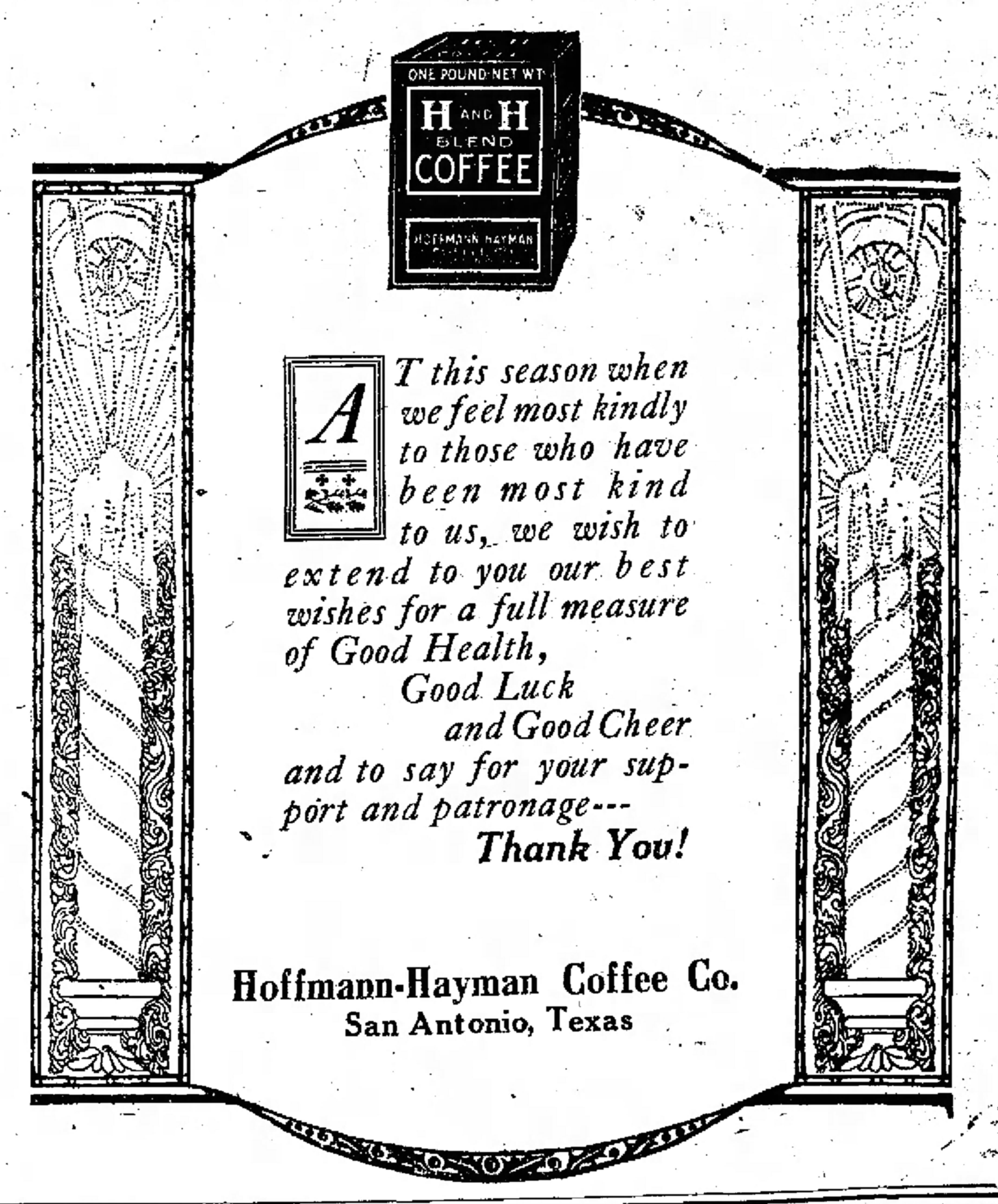 Thank you — San Antonio Evening News, 24 Dec 1921 Holiday thank-you frame with H and H Blend tin; San Antonio Evening News, 24 Dec 1921