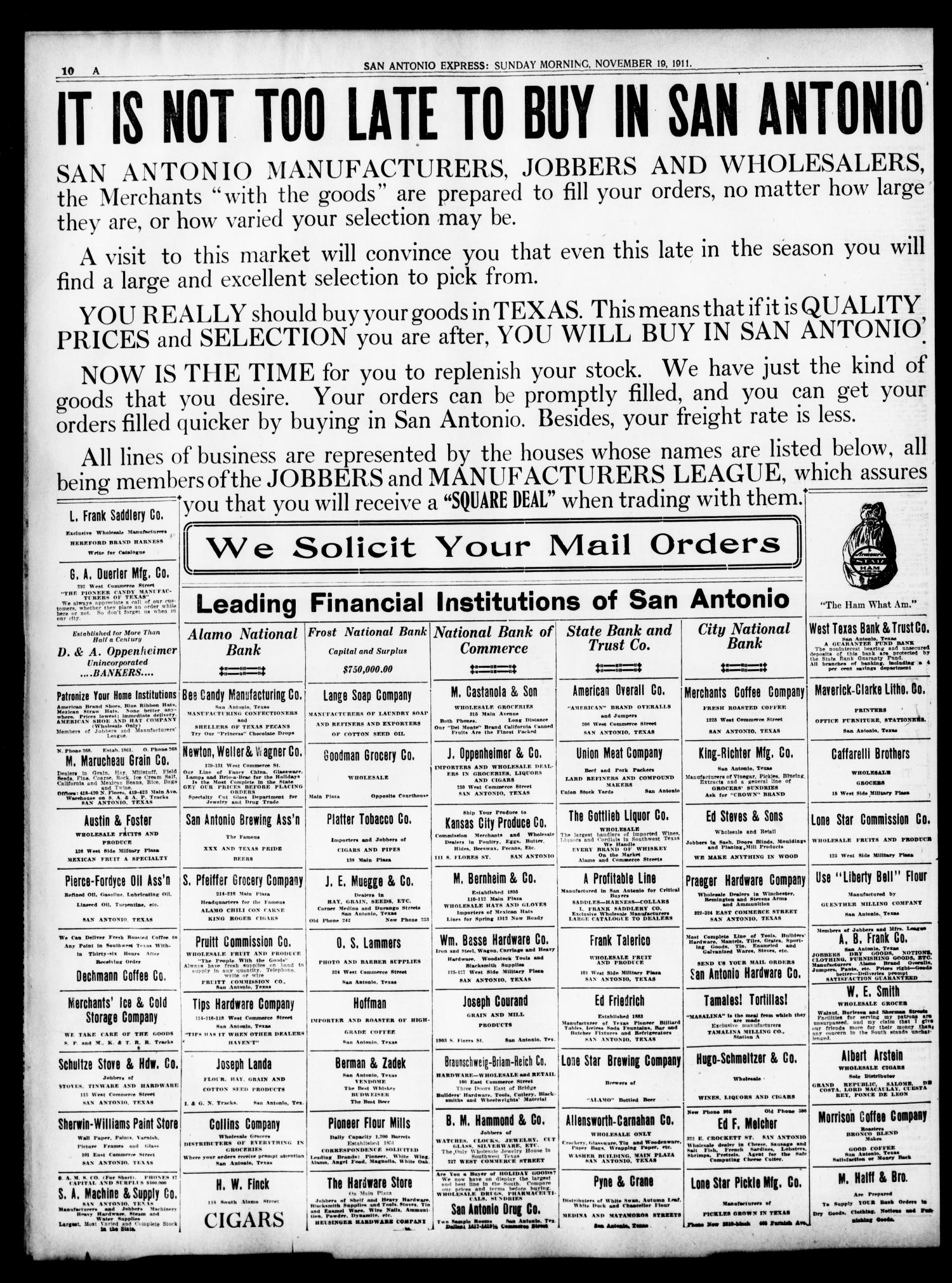 San Antonio Express — Buy in San Antonio league page, 19 Nov 1911, page 10 Sunday San Antonio Express page 10 cooperative display: banner “It is not too late to buy in San Antonio” over a grid of Jobbers and Manufacturers League listings, November 1911
