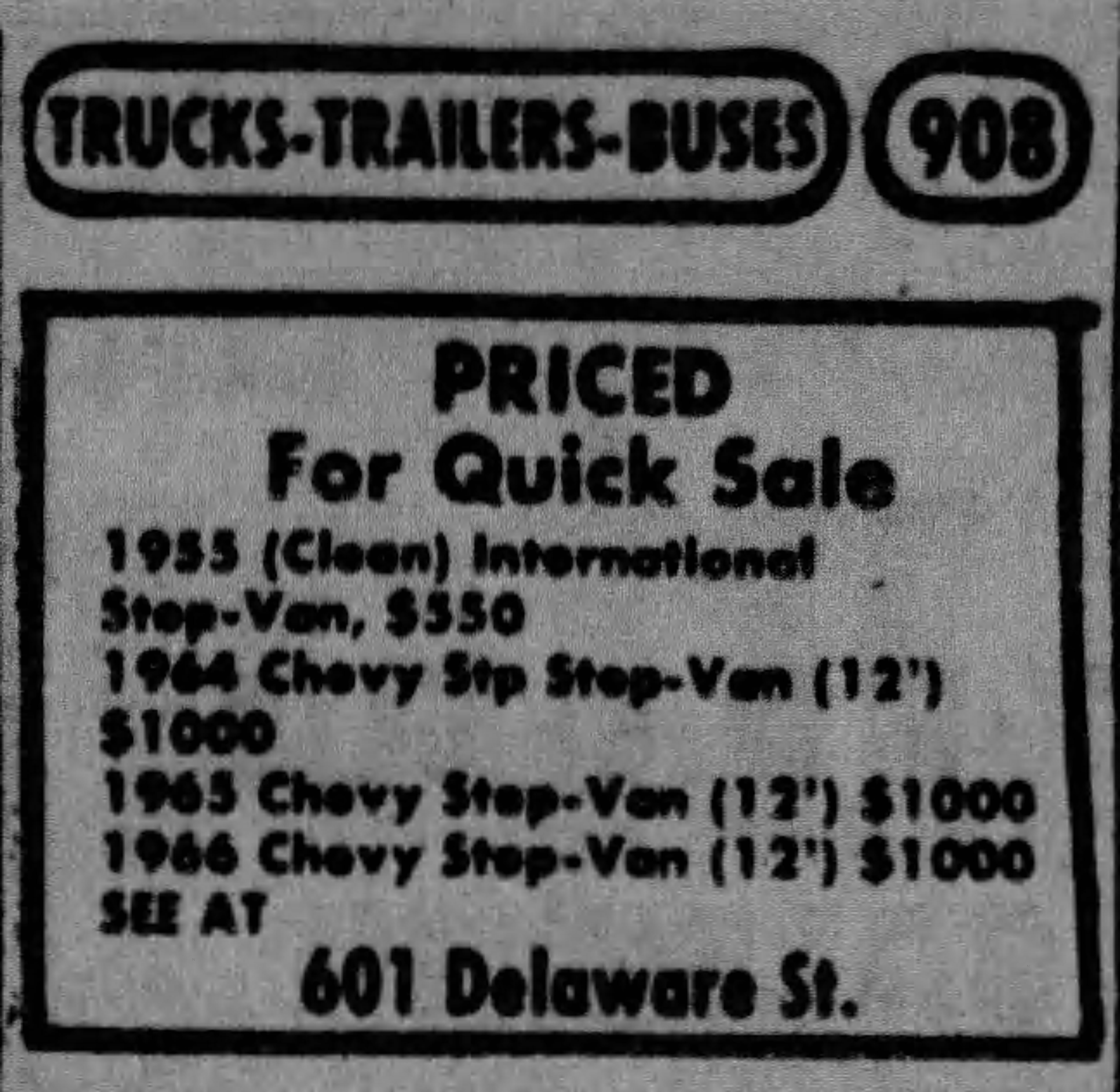 San Antonio Express — trucks/trailers classified, 4 Mar 1975 San Antonio Express classified block under “TRUCKS-TRAILERS-BUSES” (908): step-vans and International van listed for sale, “SEE AT 601 Delaware St.”