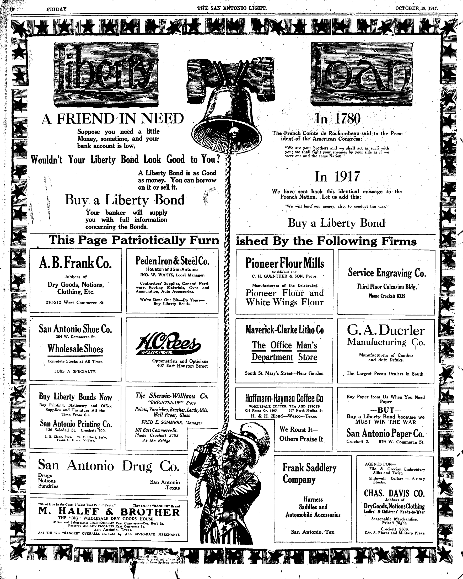 Liberty Loan sponsors — 19 Oct 1917 San Antonio Light Full page Liberty Loan art: bell, star border, directory grid; Hoffmann-Hayman 307 N. Medina