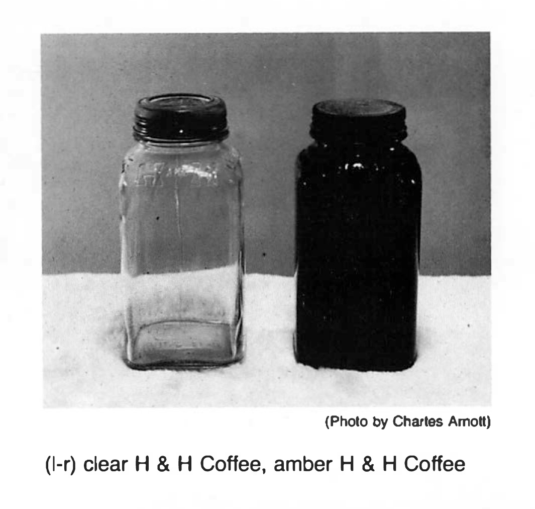 TEXAS GLASS, Michael David Smith, p. 50 — photograph Charles Arnott, clear and amber H and H Coffee one-pound square jars (l—r)